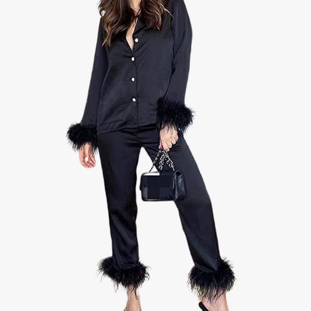 Black silk feather trimmed longsleeved pj loungewear set outfit